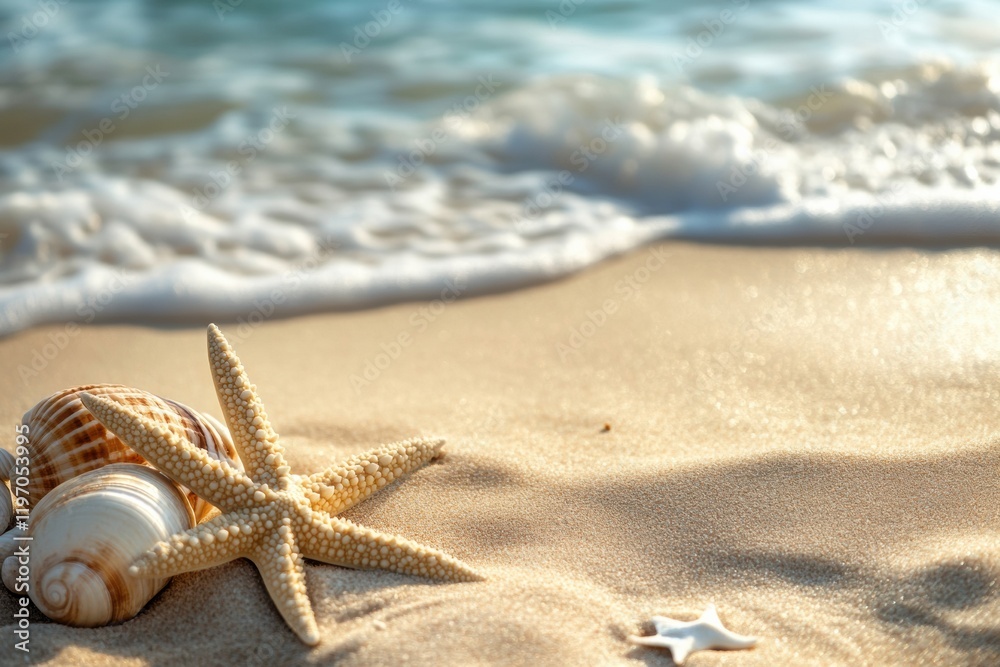 Aufkleber natural beach setting with shells and starfish on golden sand near gentle ocean waves. generative ai