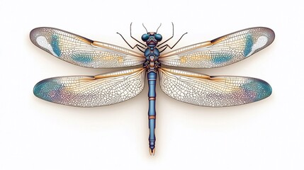 Detailed illustration of a dragonfly with translucent wings and a metallic blue body, isolated on white background.