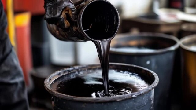In a busy workshop, a worker in gloves pours a thick black liquid from a container into a large drum