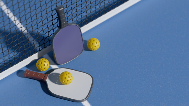 Two pickleball paddles and balls on a blue court, ready for play. 3d rendering