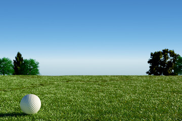 A golf ball on a green field under a clear sky, perfect for a day of golfing. 3d rendering