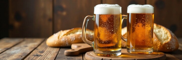 Two wooden Maßkrüge on a wicker table, with crusty bread and cold beer glasses in the background, rural, beers