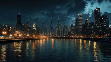 Obraz premium A City skyline illuminated at night, capturing fine textures and vivid realism