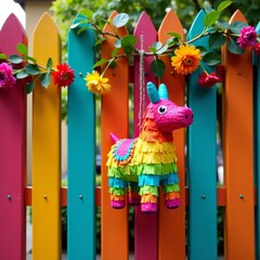Vibrant piñata hanging from a colorful fence adorned with cactus flowers, marigolds, and traditional Mexican adornments, holiday, balloons