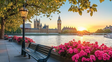London s Charm, Houses of Parliament at Sunset, Thames Riverside View With Bench and Flowers