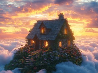 Enchanting cottage above the clouds in a dreamlike sunset