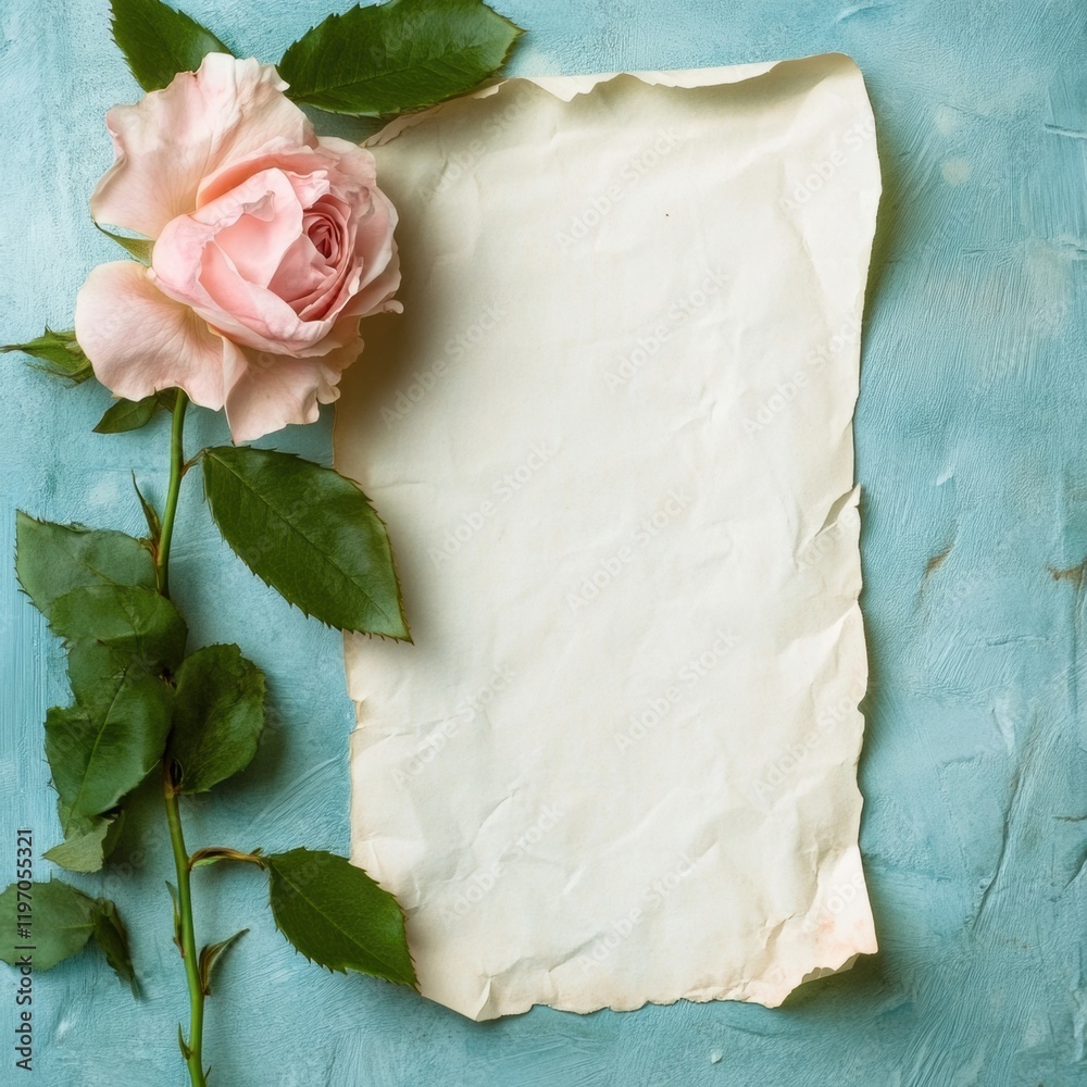 Aufkleber beautiful blank space for text with a pink rose on a blue textured background for elegant designs. g