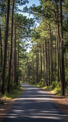 Fototapeta premium Sunny road through pine forest, nature path