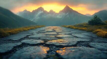 Serene mountain sunrise with textured stone path leading to a rugged horizon