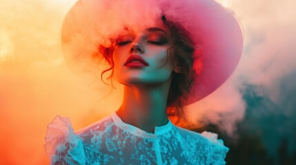 Elegant woman in vibrant smoke wearing a large hat during sunset