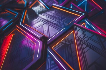 Fototapeta premium Abstract Neon Geometric Shapes Digital Art Background Modern Design Vibrant Purple Orange Blue Lines Futuristic Technology Hexagon Pattern Glowing Lines Illuminated Structure Intricate Details High 