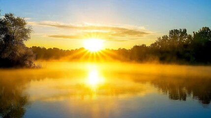 Misty sunrise over calm lake, trees reflected in water, peaceful dawn scene, ideal for nature calendars