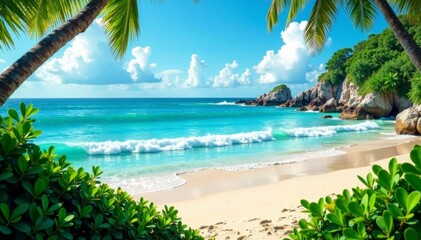 Naklejka premium Serene ocean scene with waves on turquoise water, surrounded by lush greenery and sandy beach, nature, ocean