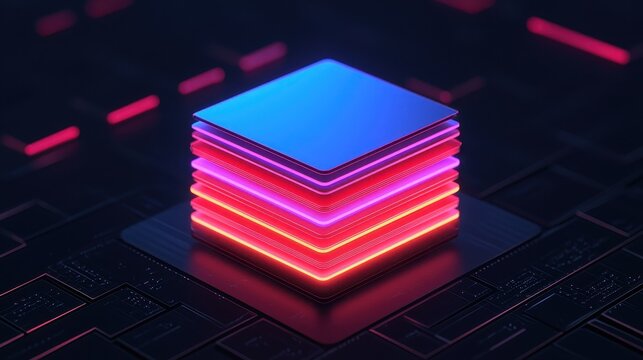 A vibrant, futuristic stack of layers illuminated in blue and pink, set against a dark, circuit-like background, embodying technology and innovation.