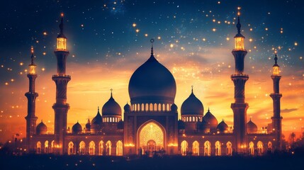 Illuminated Mosque at Sunset Under a Starry Sky