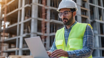 A construction engineer in a neon yellow vest and safety glasses, closely inspecting a construction site with a laptop and digital plans, with a backdrop of ongoing construction