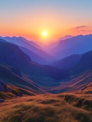 Vibrant sunset over majestic mountain range.
