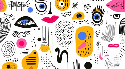 Obraz premium Abstract face pattern with eyes, lips, and shapes.