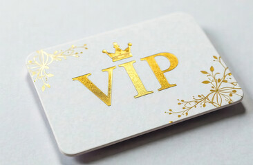 The inscription VIP in gold letters on a white background, premium VIP card with gold elements and crown.