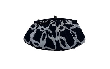 A black and white clutch purse with a pleated or gathered design isolated against white background