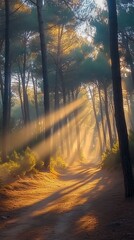 Obraz premium Sunbeams through misty pine forest path