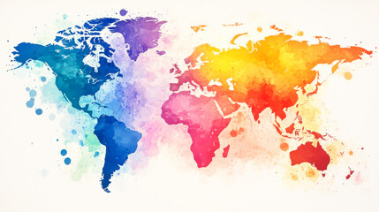 Rainbow water color splatter art style World map