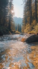 Sunlight streams through forest to mountain stream