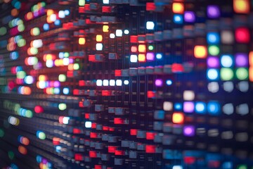 Obraz premium Abstract Colorful Light Grid Digital Art Background Technology Futuristic Neon Glowing Pixels Modern Design Bright Illuminated Network Squares Pattern Graphic Resource Data Blur Style Trend Bokeh 