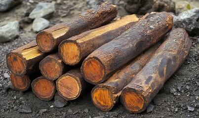 Stacked reddish logs outdoors, near rocks. Fuel, construction