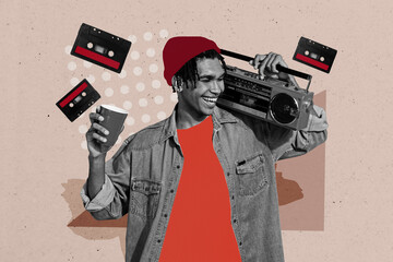 Composite photo collage of happy american guy hold beer cup retro boombox music party cassette retro event isolated on painted background