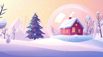 Snow globe with a red house, Christmas tree, and snowy landscape glowing at sunset, surrounded by festive decorations, symbolizing winter charm. Perfect for holiday and seasonal art themes.