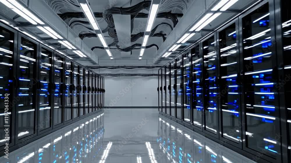 Poster high-tech data center displaying advanced server technology and efficient cooling systems