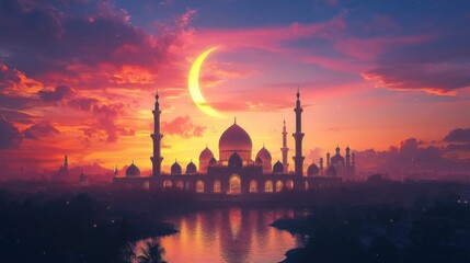 Majestic Mosque at Sunset with Crescent Moon