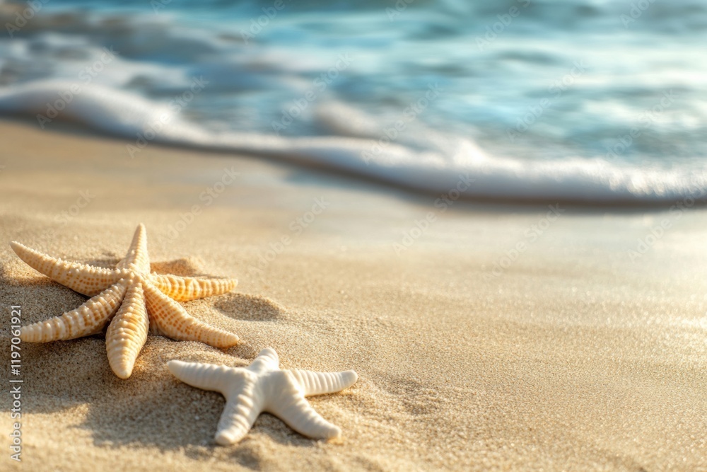 Poster starfish resting on sandy beach by gentle waves at sunset, perfect for text placement and mock up de