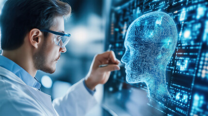 Innovative scientist analyzing ai models laboratory digital art high-tech environment close-up view futuristic concepts