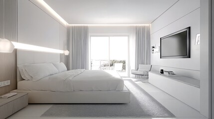 A modern minimalist bedroom with a monochromatic color scheme and sleek design features.