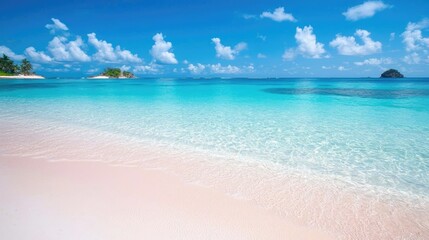 Fototapeta premium Pink sand beach meets crystal clear turquoise ocean water under a bright blue sky with scattered clouds on a sunny day.