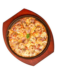 one pan pizza with shrimp. served with barbeque sauce and cheese sauce. Perfect for menu, catalogue, advertising or commercial use