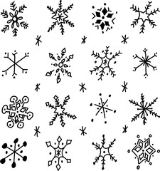 Hand-drawn snowflake vector doodle collection. 16 unique snowflakes on a white background. For embellishing the winter season. 