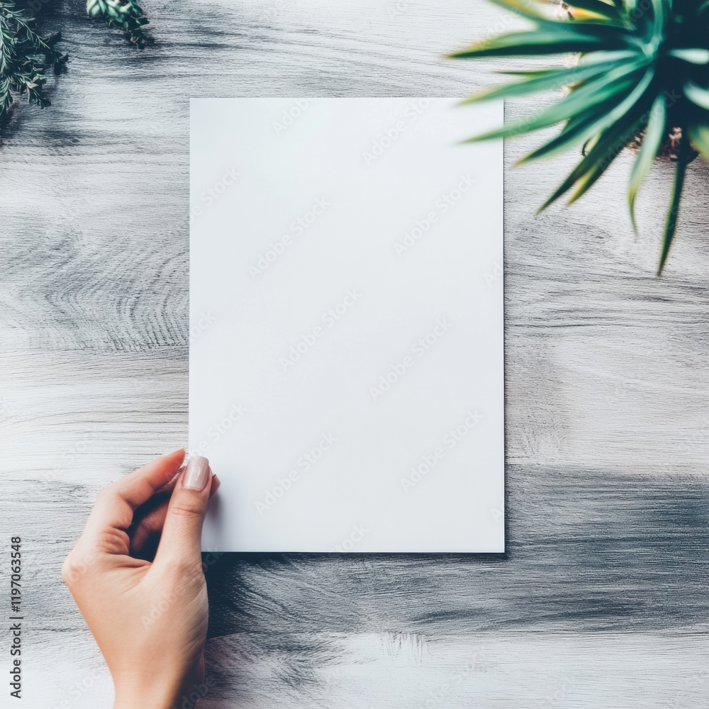 Poster blank sheet of paper on wooden table with green plants for creative mock up and writing possibilitie