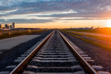 Railway Tracks Leading to Airport at Sunset Golden Hour Scenic View Beautiful Railroad Transportation Travel Journey Cityscape Skyline Modern Infrastructure Amazing Summer Day Peaceful Landscape      