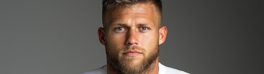 Obraz premium Confident European Man in White Soccer Jersey with Buzzcut and Beard Against Grey Background