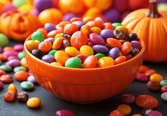 Colorful Halloween Candy Bowl Filled with Jelly Beans Surrounded by Festive Decorations and Small Pumpkins for a Fun Seasonal Celebration