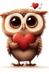 Obraz premium Cute owl holding a red heart in a whimsical and charming illustration