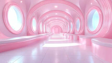 Obraz premium Pink Abstract Tunnel: An ethereal and mesmerizing abstract corridor, a pink tunnel with rounded windows and an endless perspective. The soft, diffused lighting creates a dreamy atmosphere.