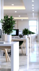 A modern office space featuring minimalistic desks, potted plants, and well-lit interiors, creating a serene and productive work environment.