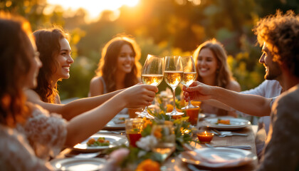 outdoor dinner party with friends raising wine glasses in a cheerful toast