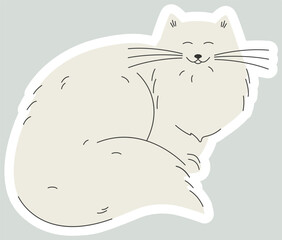 Cute vector illustration of fluffy cat sticker. Persian white fur kitty character icon. Domestic kitty