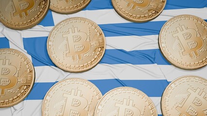 Several bitcoins are laid out on the flag of Greece