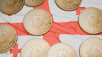 Several bitcoins are laid out on the flag of Georgia